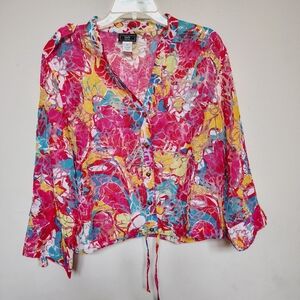 LARK LANE Bright Pink Floral Button-Down Drawstring Blouse